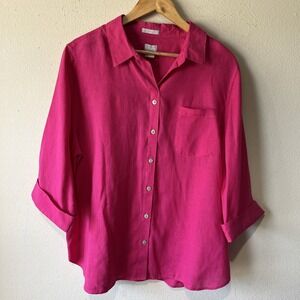 Chico's Pink Linen Button Down Shirt  Size 3 US 16 No Iron 3/4 Sleeve Beachy
